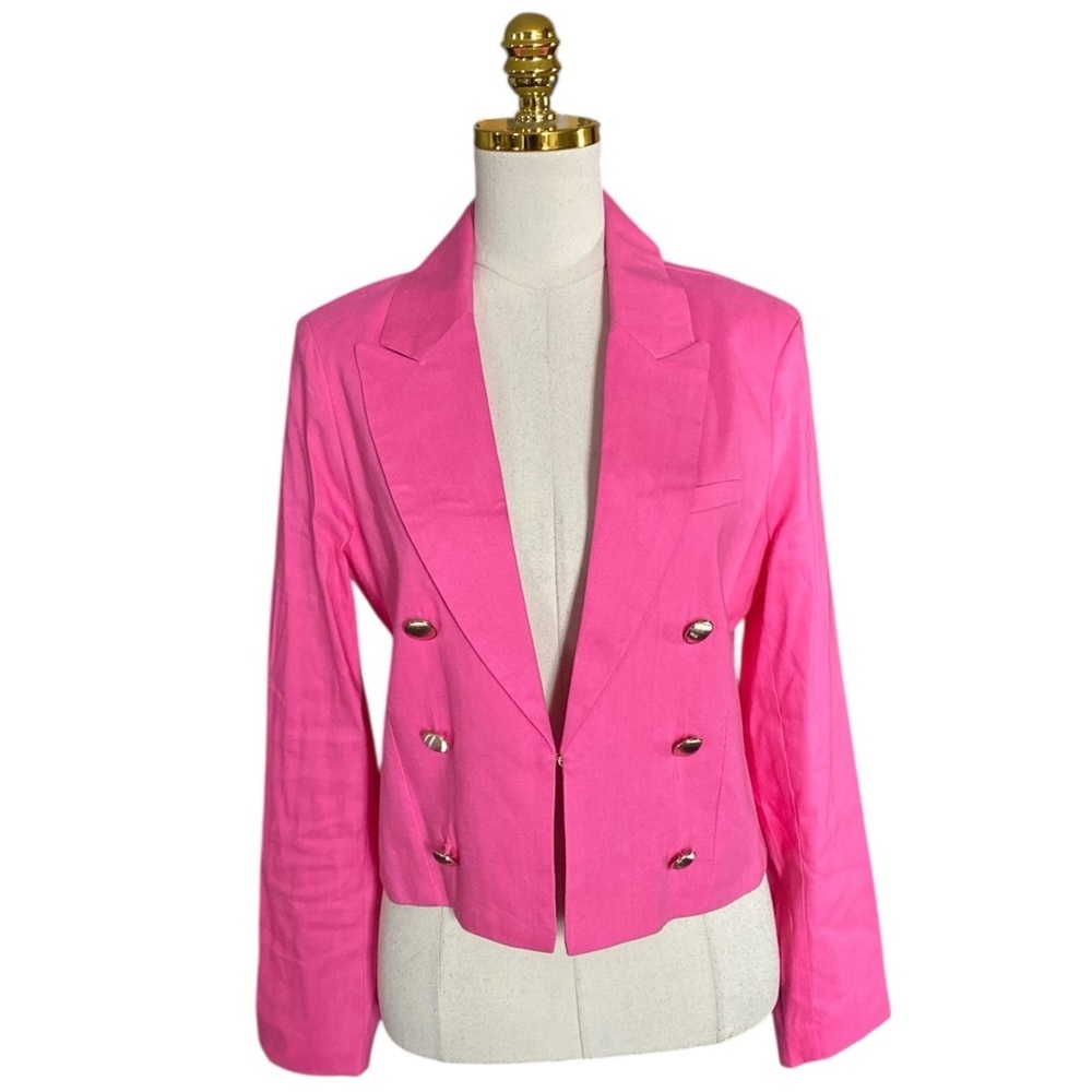 House of Harlow Barbiecore Pink Long Sleeve Cropped Double Breasted Blazer Sz M
